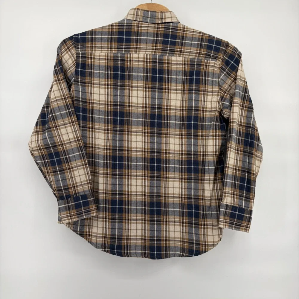 Timberland Mens Flannel Shirt L/G Long Sleeve‎ Plaid Button Up Brown Blue Beige